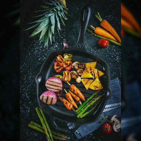 Victoria Cast Iron Grill Pan. Square Grill Pan, Seasoned with 100% Kosher Certified Non-GMO Flaxseed Oil, Black